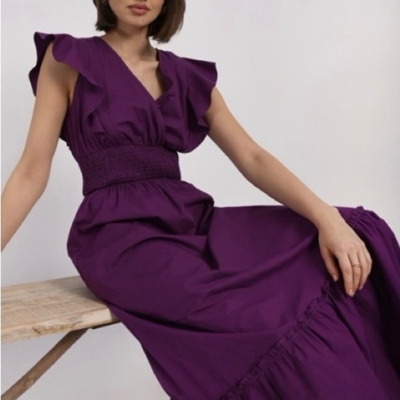 Molly Bracken Katrina Maxi Dress NWT Sz L Purple Flutter Sleeve Smocked Waist - Picture 2 of 13